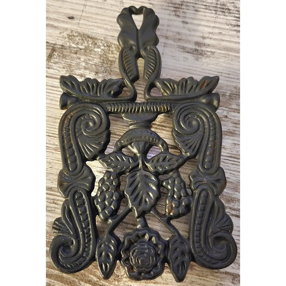 Set of 2 Vintage Cast Iron Trivets Floral Scrollwork Grape Rose Design 103 Black